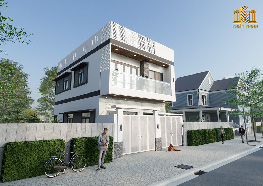 Phối cảnh mặt tiền nhà phố 2 tầng hiện đại tại Ninh Hòa - Hướng nhìn xiên
